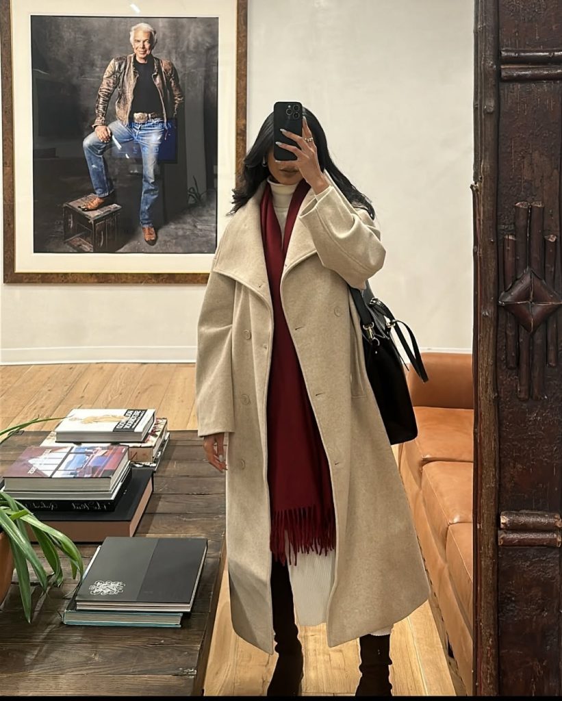 Neutral Coat with Burgundy Scarf