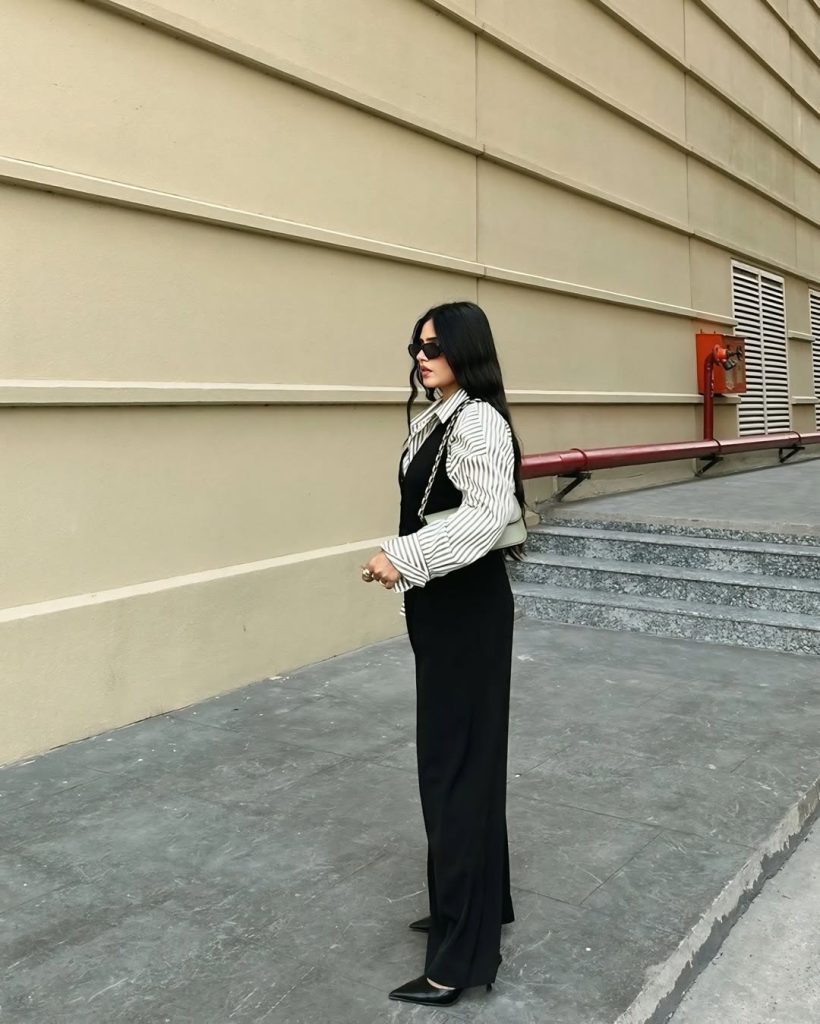 Striped Shirt Layered with Black Vest