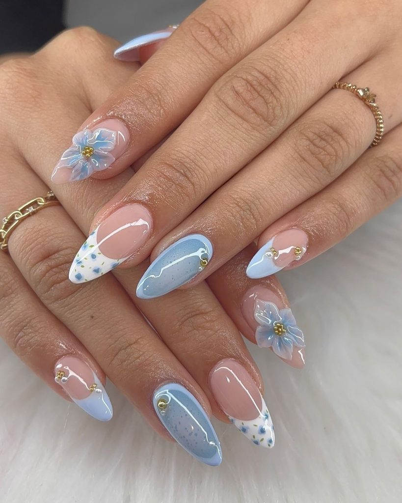 Baby Blue Floral Accent Nails