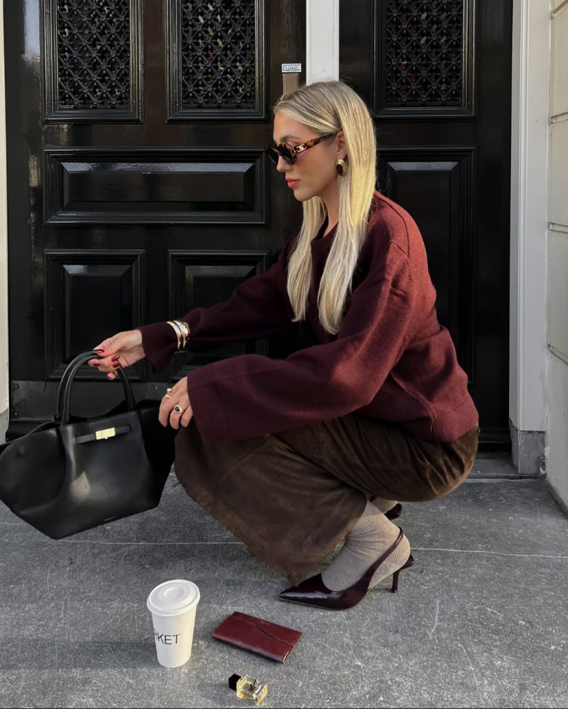 Wine Sweater & Chocolate Midi Skirt