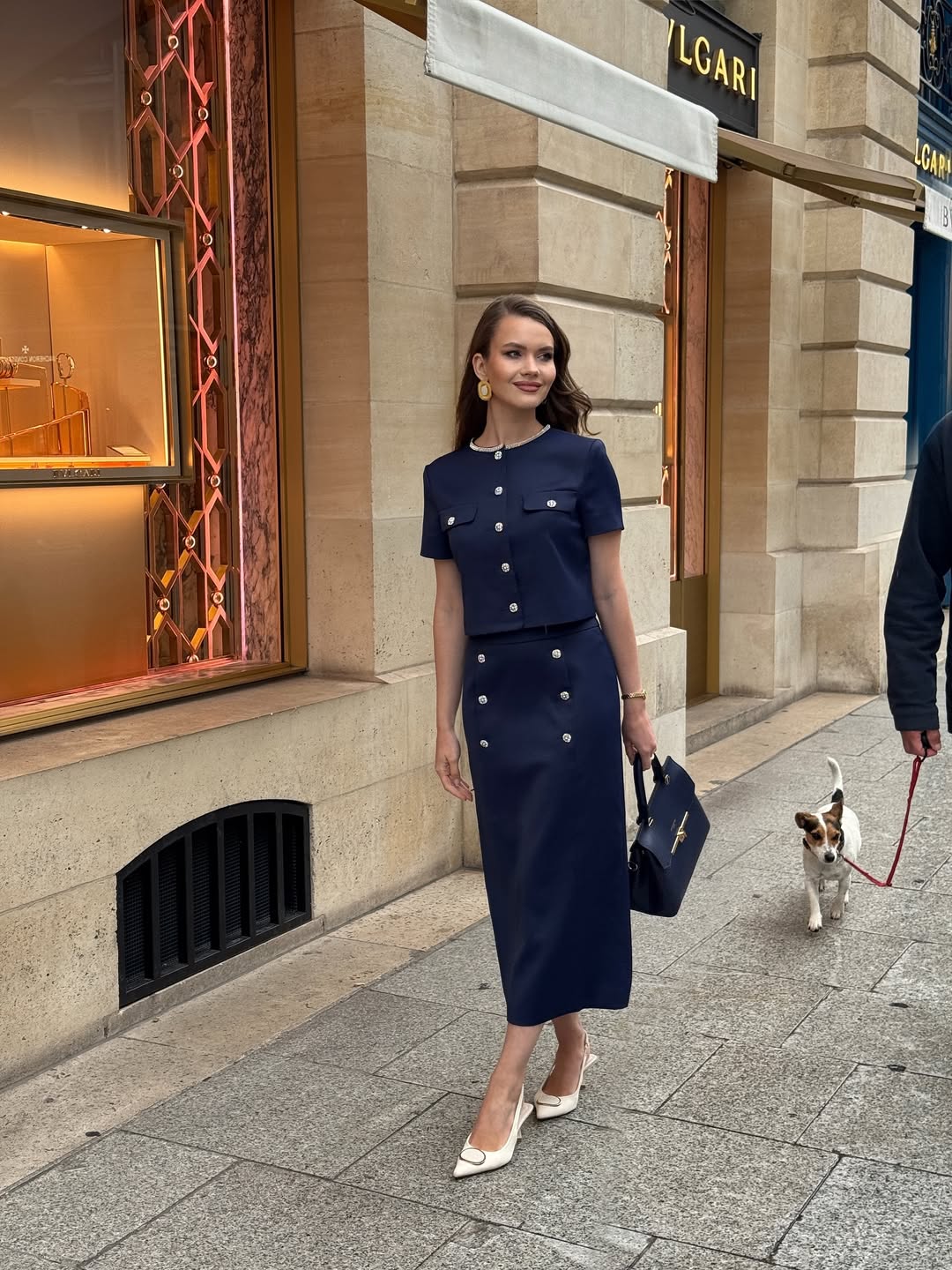 Navy Buttoned Set with Pearl Accents