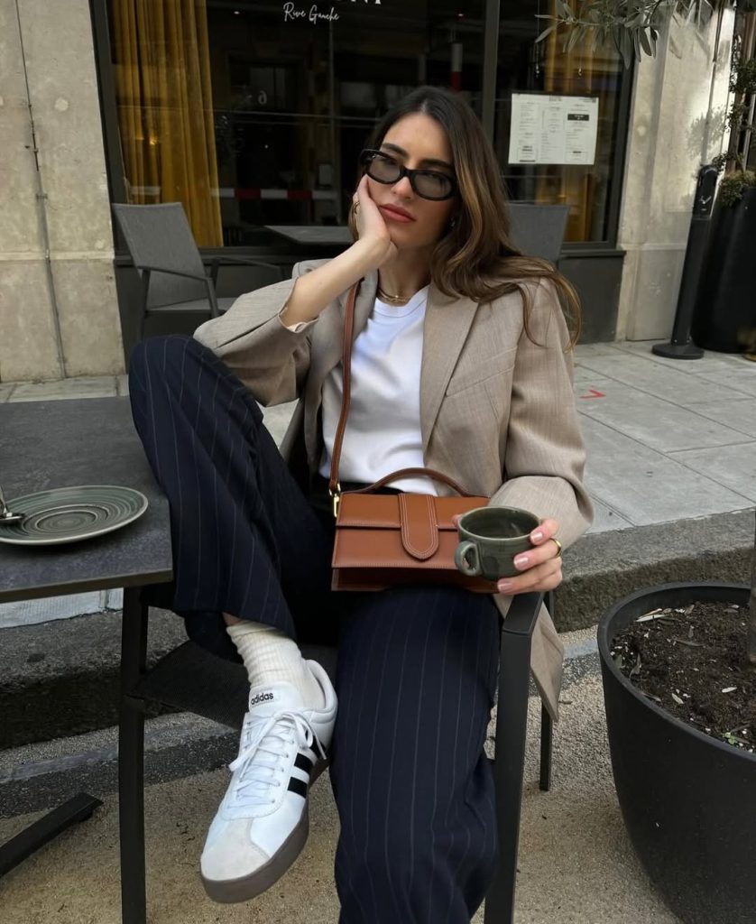 Beige Blazer with Pinstripe Pants