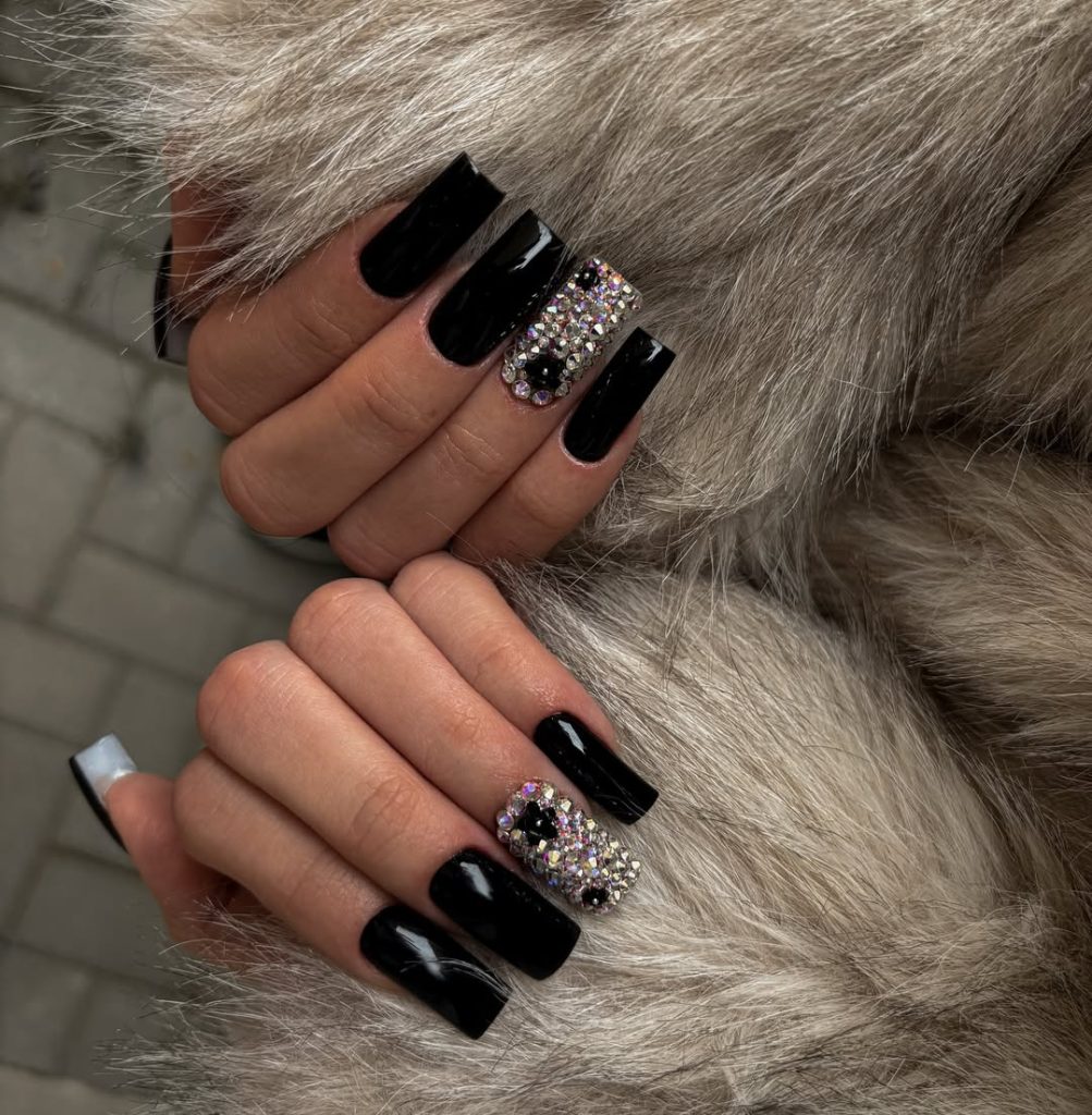 Black Rhinestone Nails