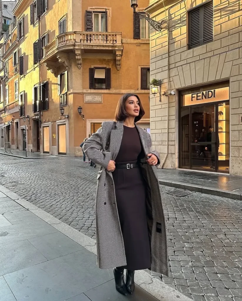 Herringbone Coat & Dark Dress