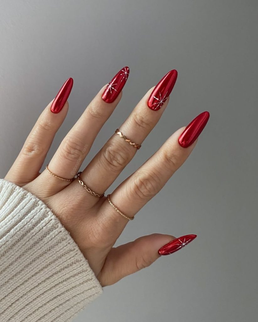 Minimal Red Snowflake Nails