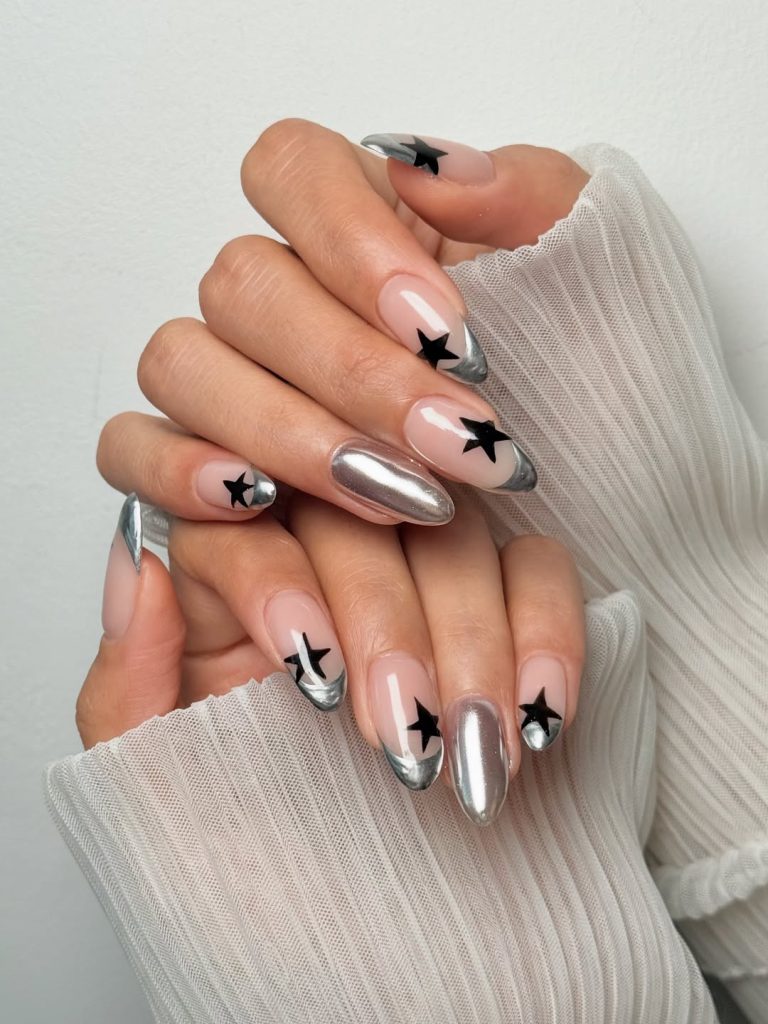 Silver Chrome Star French Tips
