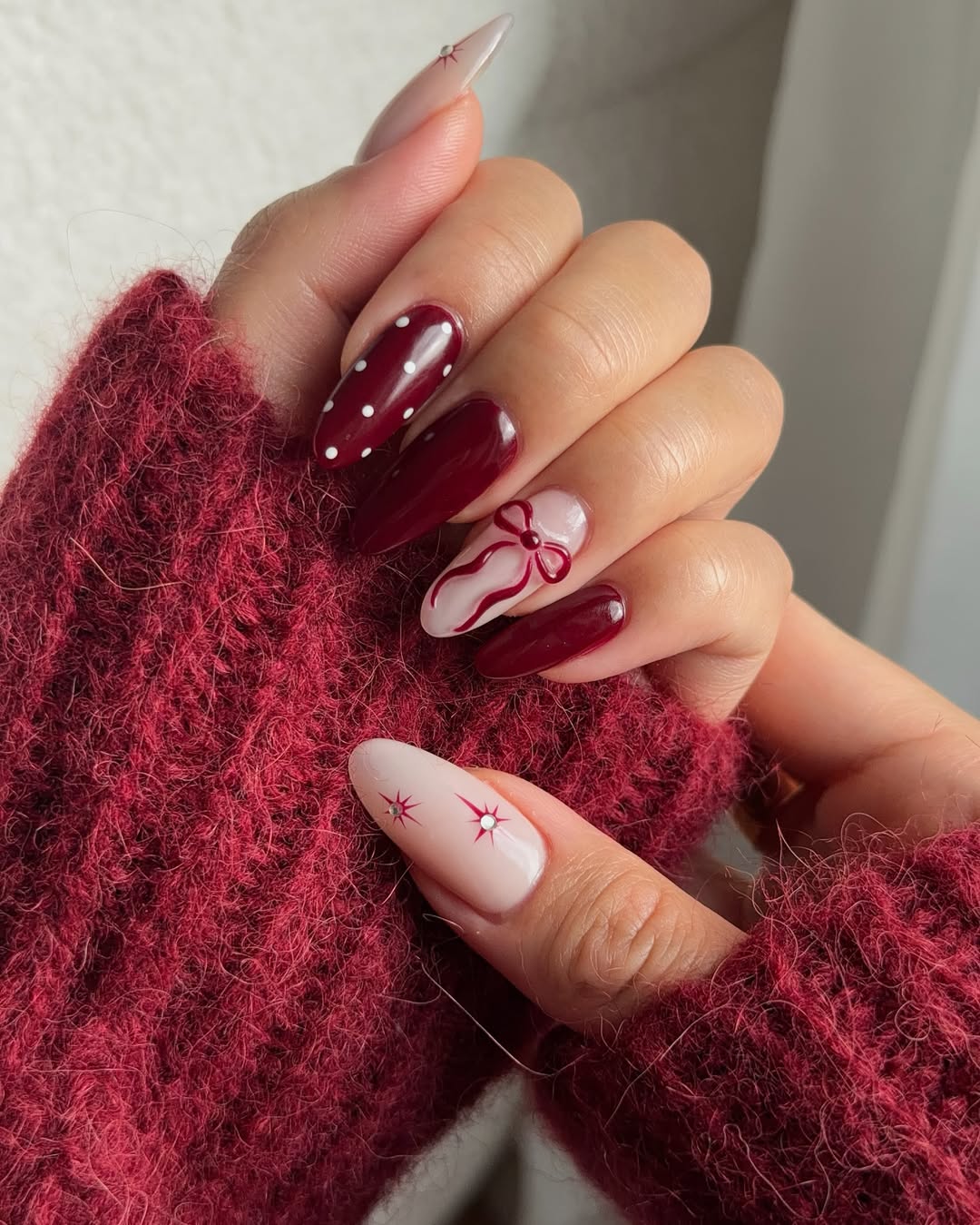 Burgundy & Bow Holiday Nails