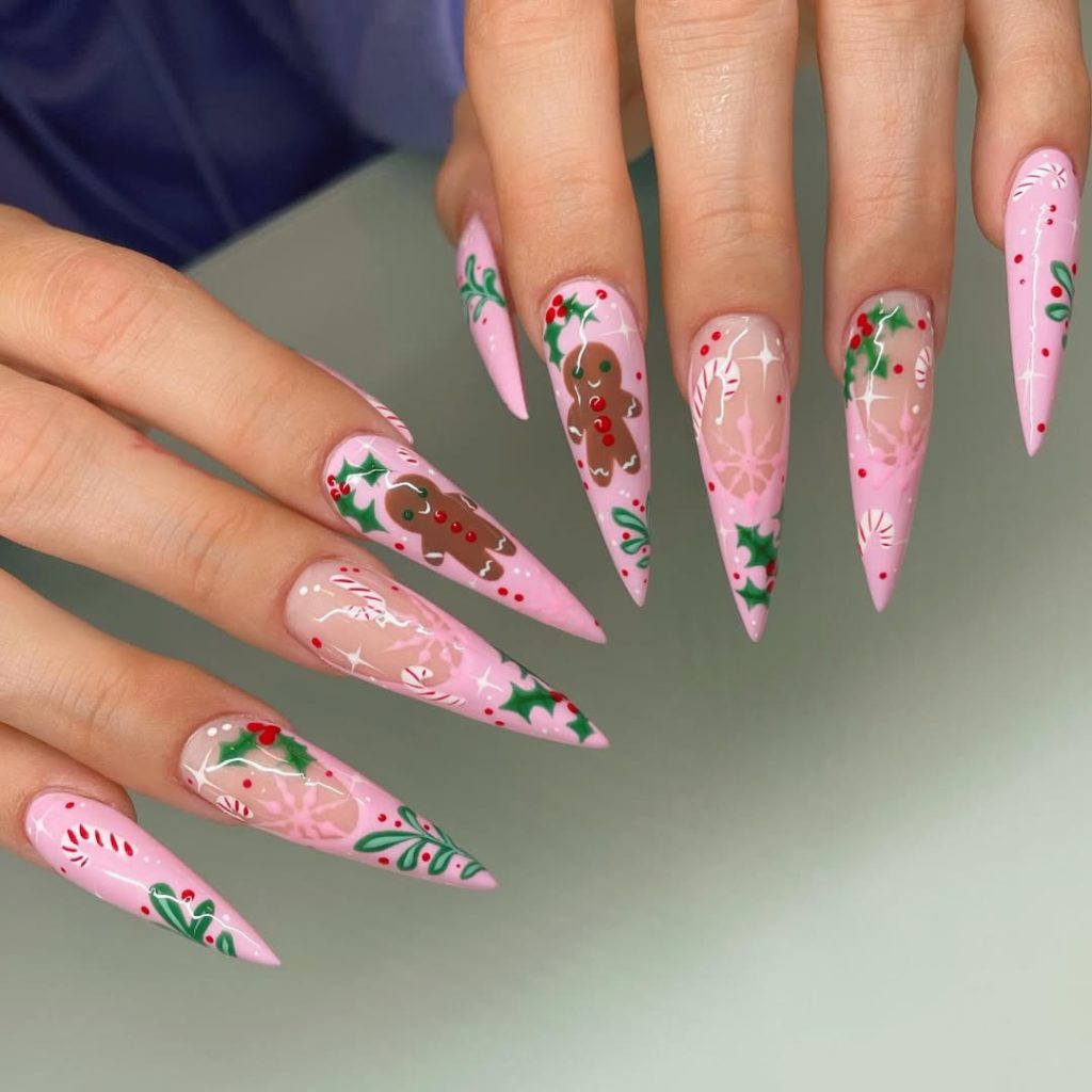 Pink Holly Accent Nails
