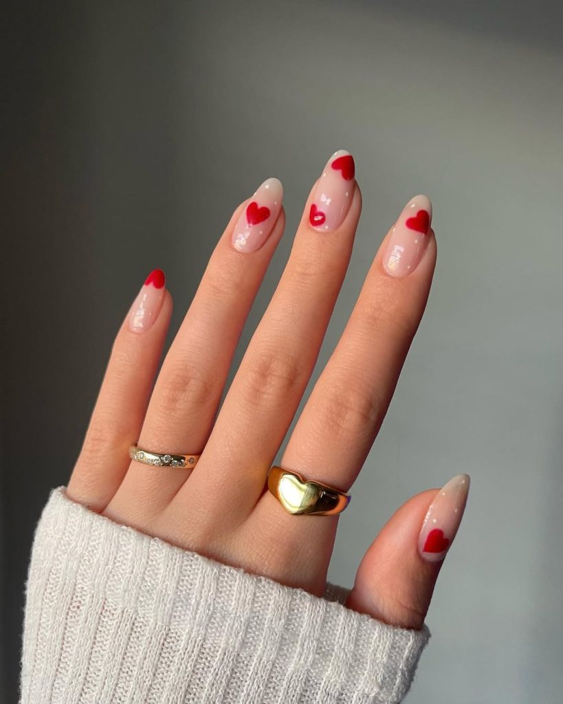 Nude Nails with Bold Red Hearts