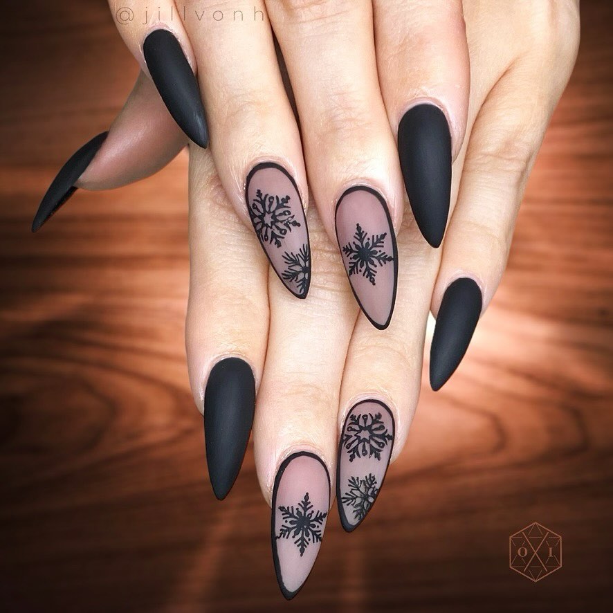 Matte Black & Nude Snowflake Nails