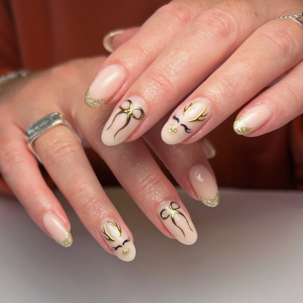 Nude Gold Reindeer French Tips