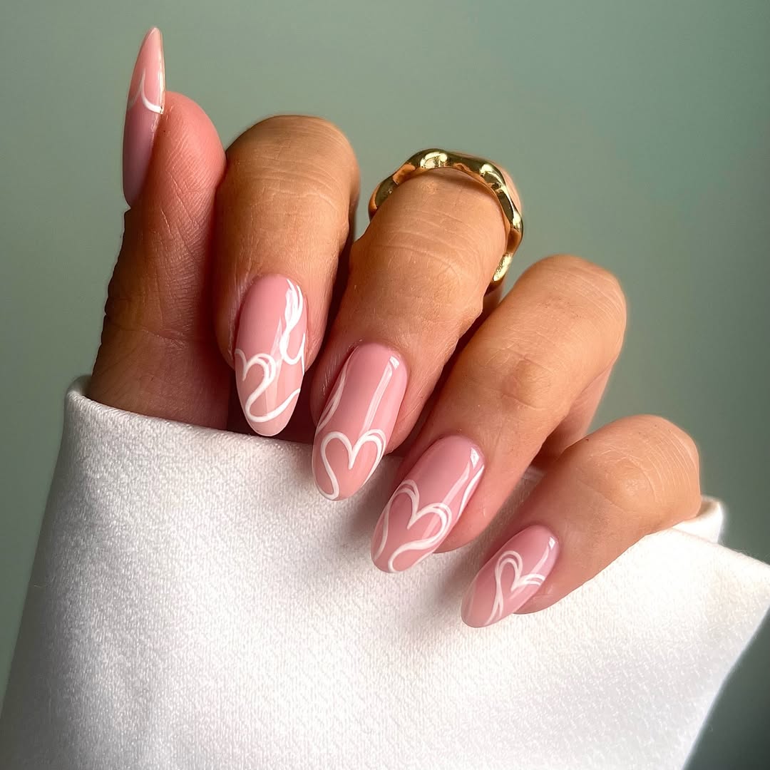 Soft Pink Heart Line Nails