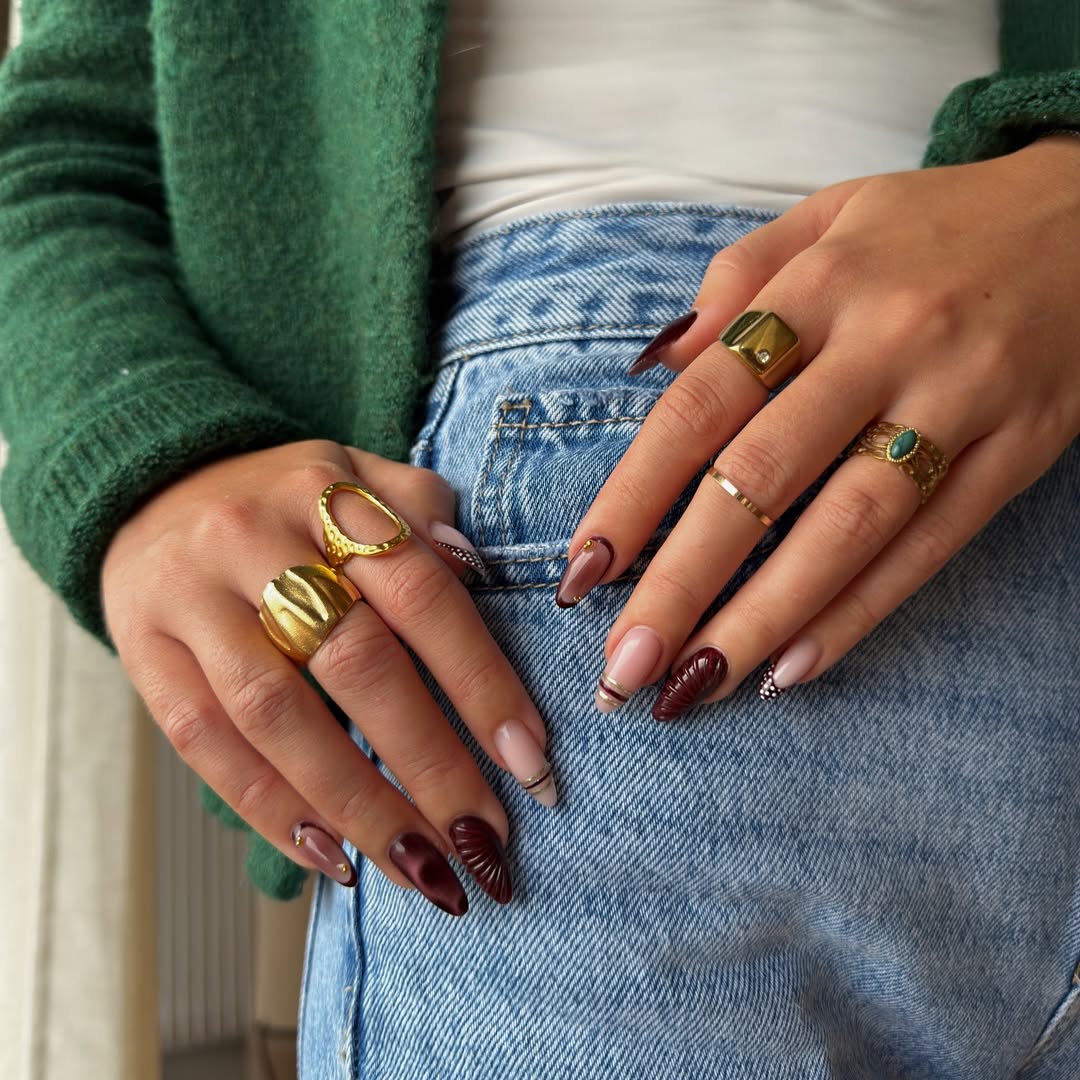 Burgundy & Neutral Accent Nails