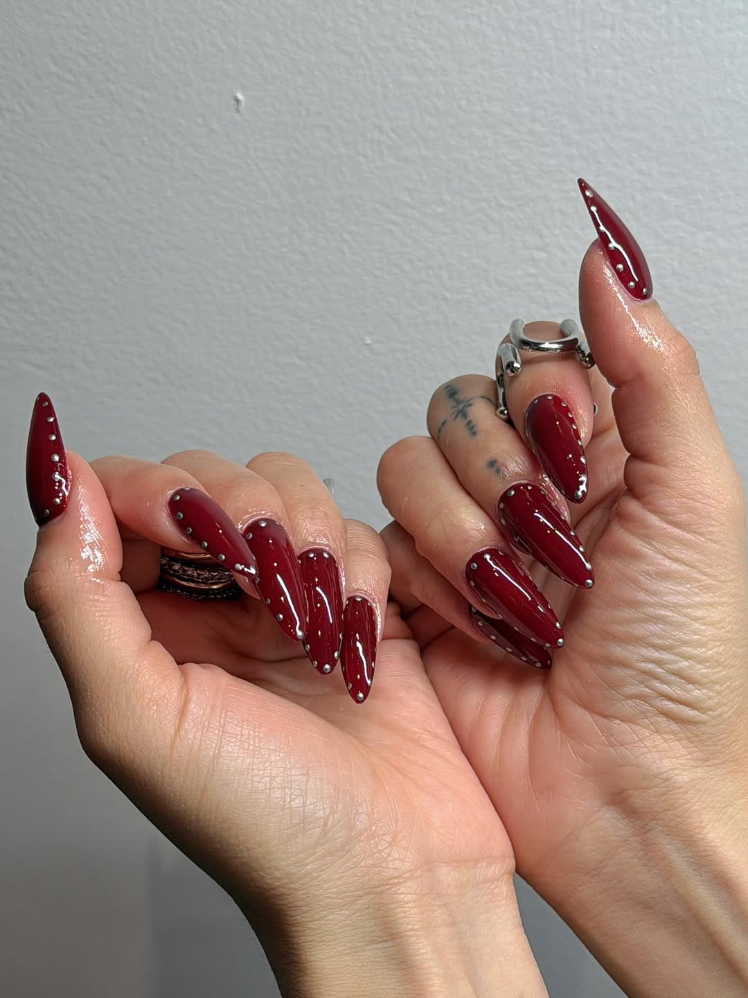Burgundy Studded Stiletto Nails