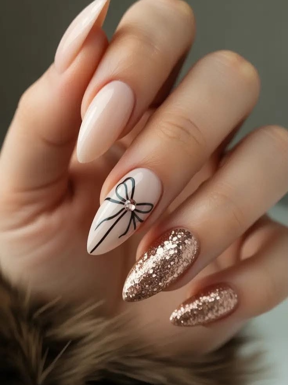Gold Glitter nails with Bow accent