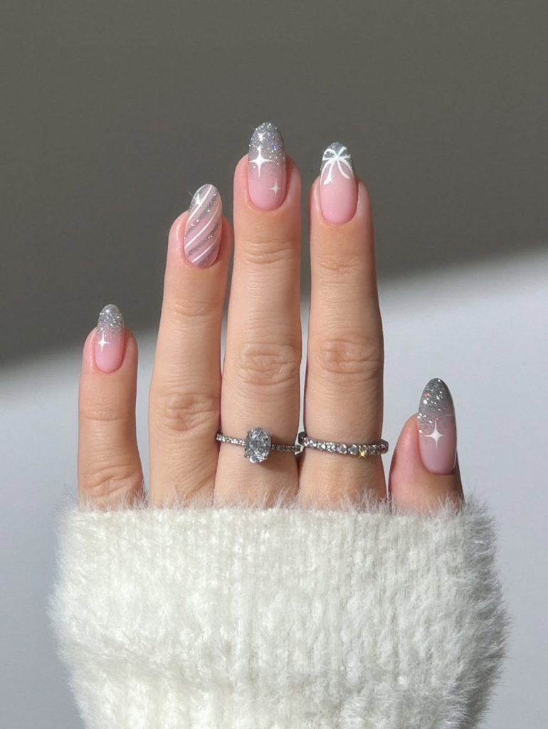 Silver Glow Christmas Nails