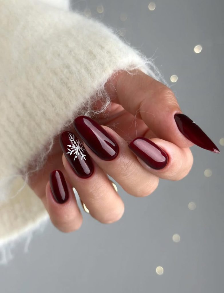Burgundy Snowflake Winter Nails