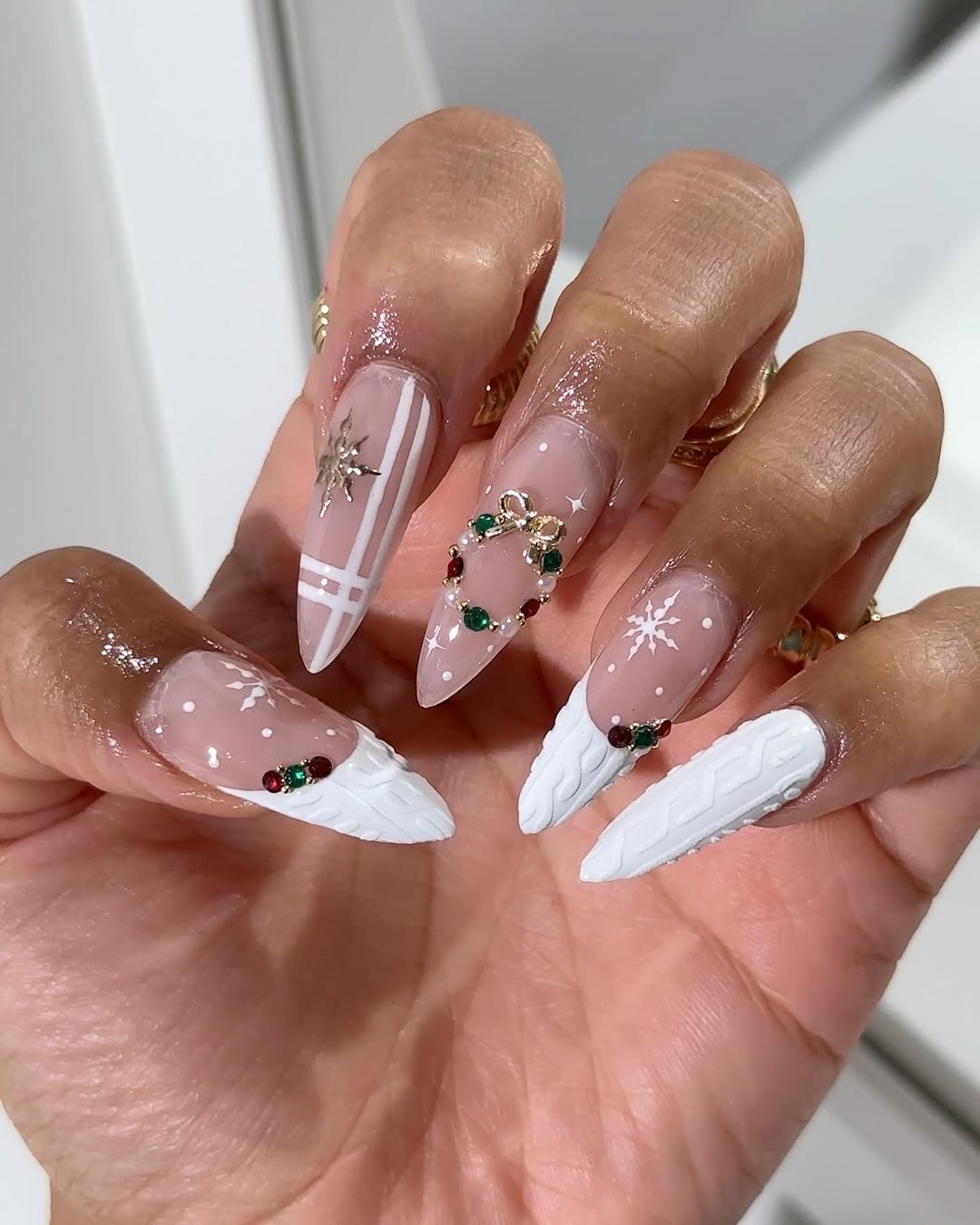 Cable Knit & Gem Christmas Nails