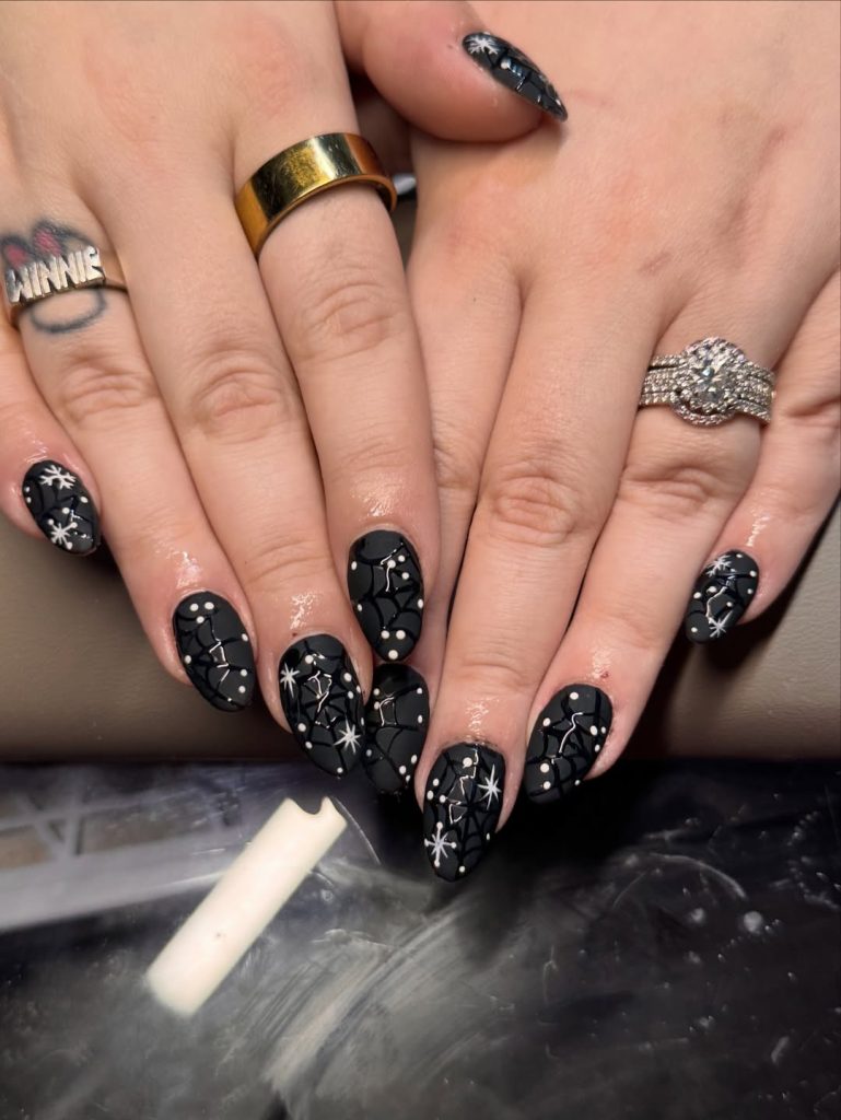 Black Nails with White Snowflakes