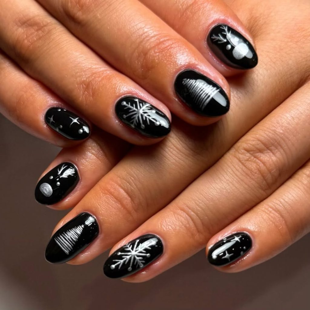 Silver and Black Holiday Nails
