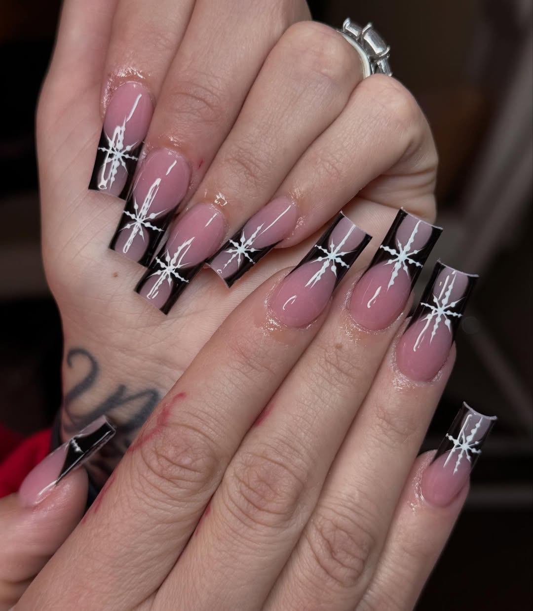 Glossy Black Snowflake Tips